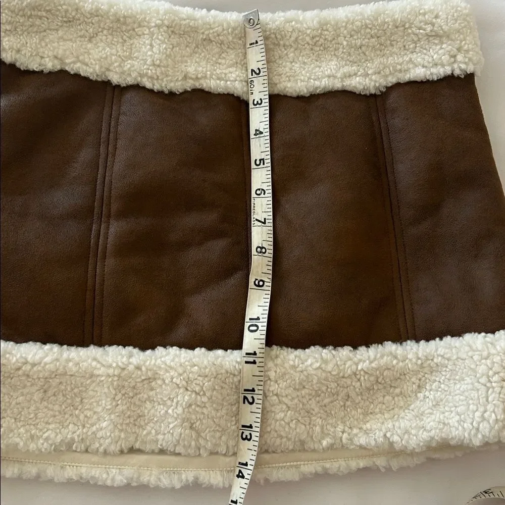 Lovers + Friends Brown Faux Leather Mini Skirt with Cream Sherpa Trim size small